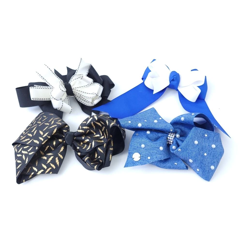 Lot of 4 Large Hairbows for Girls Black/White, Blue, Denim w/pearls, Black/Gold